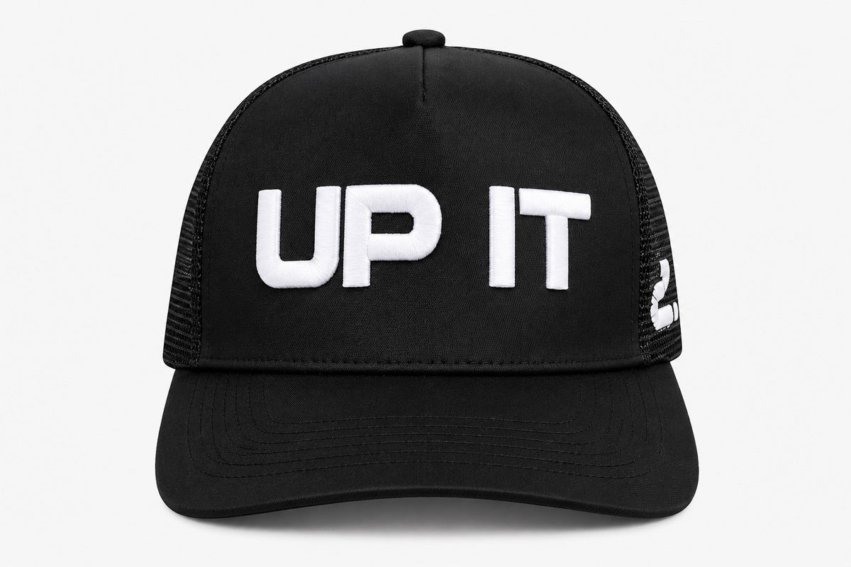 UP IT Black Trucker Cap with white embroidered logo