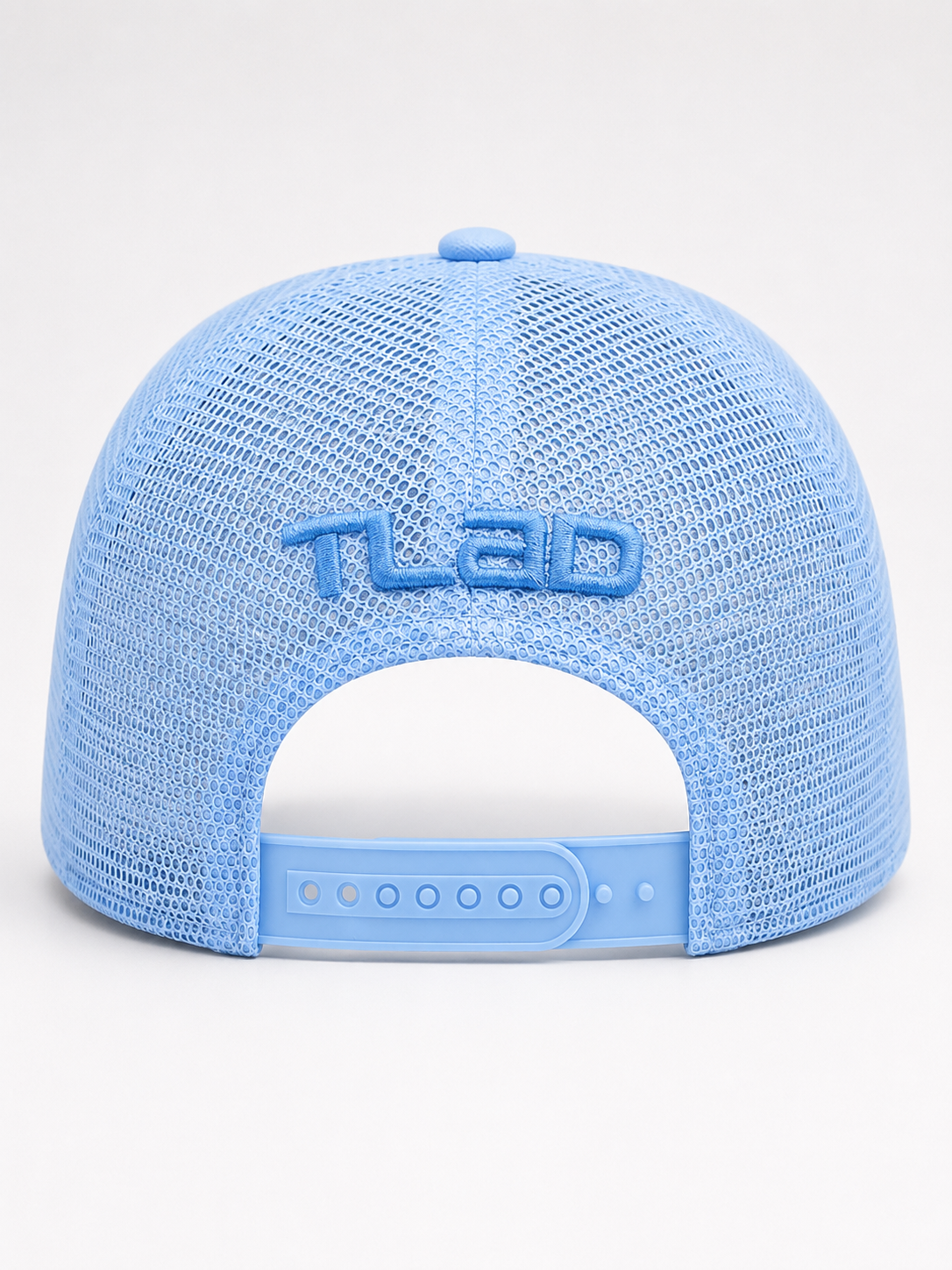 Back view of UP IT white and blue trucker cap with blue mesh, adjustable snapback and TLAD logo