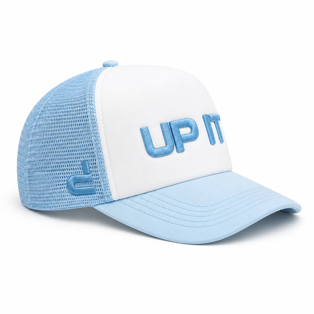 Side view of UP IT white and blue trucker cap with 3D stitched logo and blue mesh panels